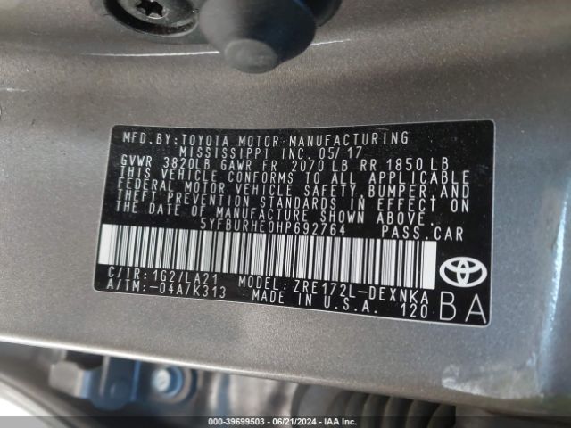 5YFBURHE0HP692764 Toyota Corolla Xle