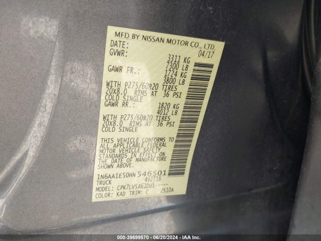 Nissan Titan Sl 2017 1N6AA1E50HN546501 Image 9