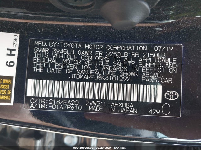 Toyota PRIUS XLE 2019 JTDKARFU8K3101292 Image 9