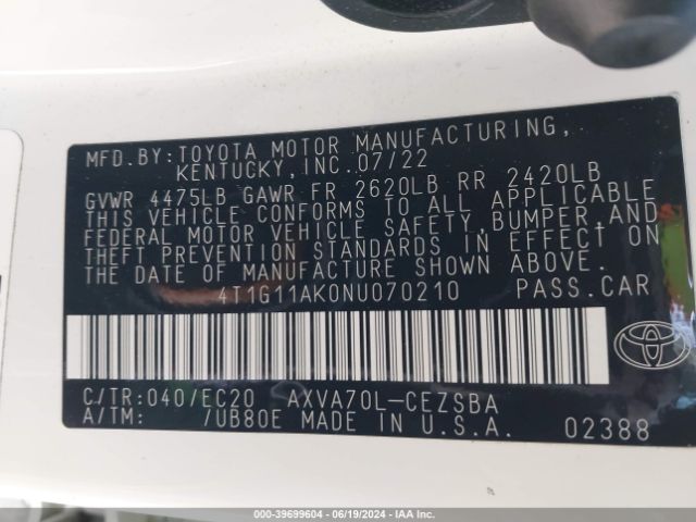 4T1G11AK0NU070210 Toyota Camry Se Nightshade Edition