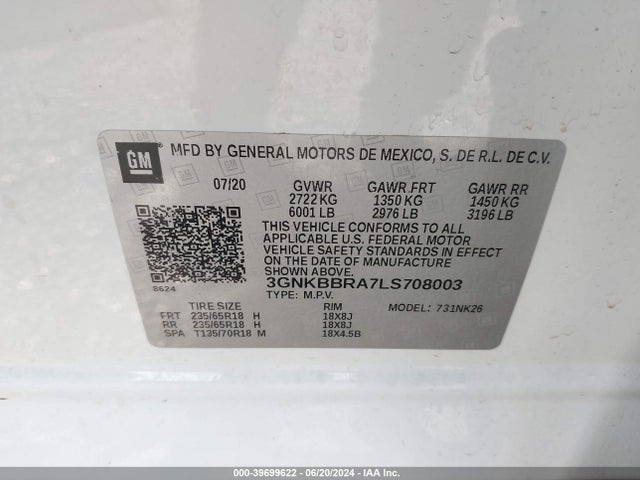 3GNKBBRA7LS708003 Chevrolet Blazer Fwd 1lt