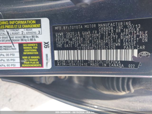 2T1BURHE7EC052126 Toyota COROLLA L