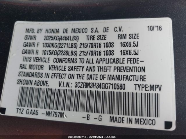 3CZRM3H34GG710580 Honda CR-V LX