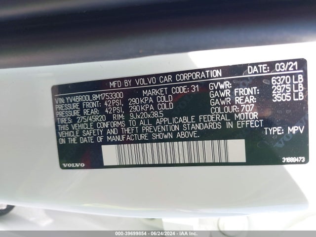 YV4BR00L8M1753300 Volvo Xc90 Recharge Plug-in Hybrid T8 Inscription 6 Passenger