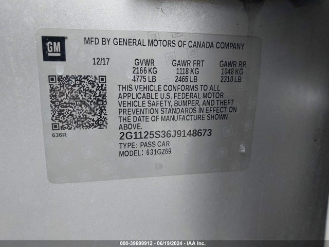 Chevrolet IMPALA 2LZ 2018 2G1125S36J9148673 Image 9