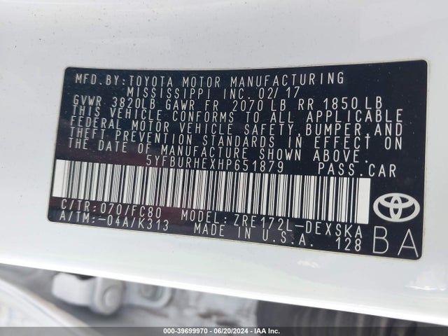 Toyota COROLLA SE 2017 5YFBURHEXHP651879 Image 9