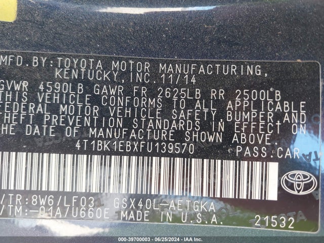Toyota Avalon Xle Premium 2015 4T1BK1EBXFU139570 Image 9