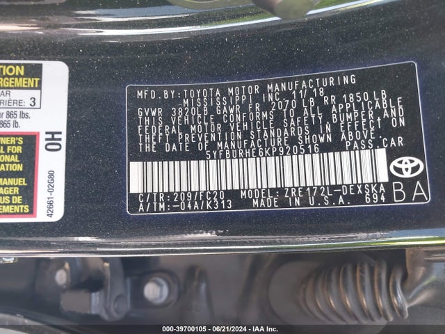 Toyota COROLLA SE 2019 5YFBURHE6KP920516 Image 9