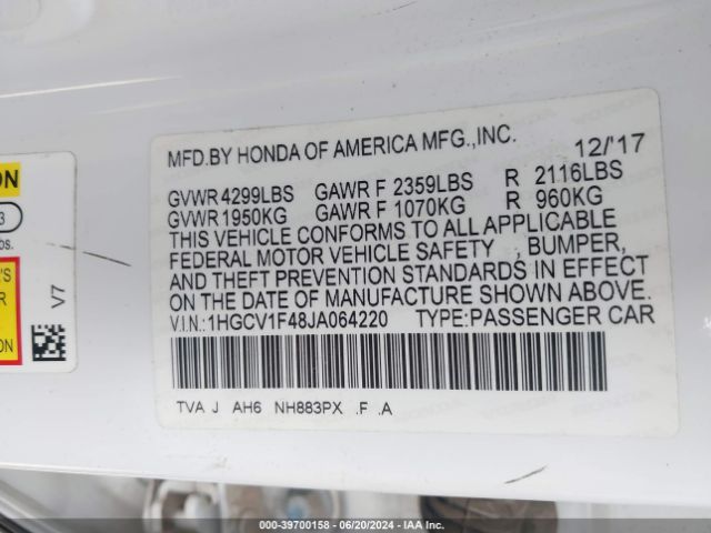1HGCV1F48JA064220 Honda ACCORD EX