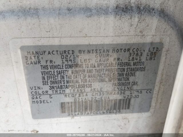 3N1AB7AP0EL650138 Nissan Sentra Fe+ S/fe+ Sv/s/sl/sr/sv