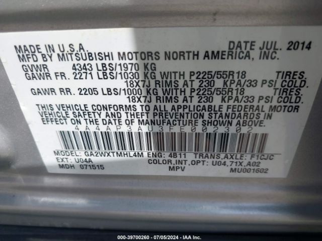 4A4AP3AU3FE002302 Mitsubishi Outlander Sport Es