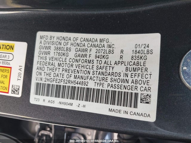 Honda Civic Sport 2024 2HGFE2F52RH544892 Image 9