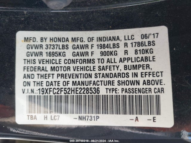 Honda Civic Lx 2017 19XFC2F52HE228536 Image 9
