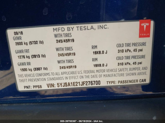 Tesla Model S 100d/75d/p100d 2018 5YJSA1E21JF276700 Image 9