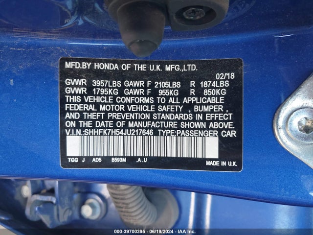 Honda CIVIC EX 2018 SHHFK7H54JU217646 Image 9