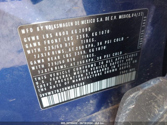 3VVWX7B2XNM067689 Volkswagen Taos 1.5t Se