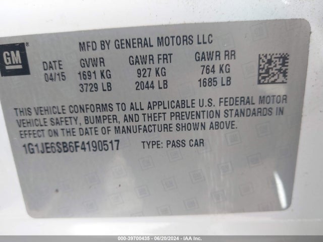 Chevrolet Sonic Ltz Auto 2015 1G1JE6SB6F4190517 Image 9