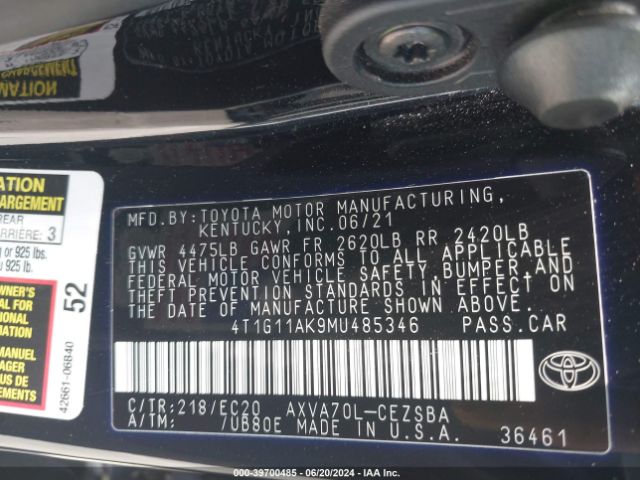 2021 TOYOTA CAMRY 4T1G11AK9MU485346 Photo 8