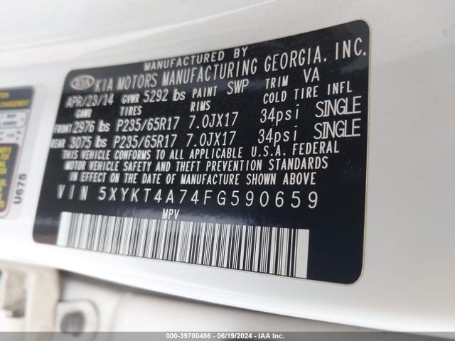 KIA Sorento Lx V6 2015 5XYKT4A74FG590659 Image 9