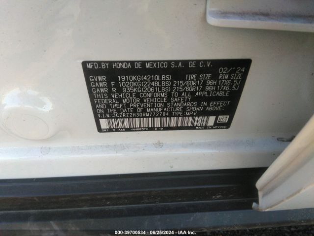 3CZRZ2H30RM772784 Honda Hr-v Awd Lx
