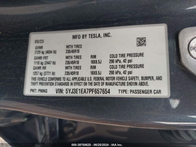 5YJ3E1EA7PF657654 Tesla Model 3 Rear-wheel Drive