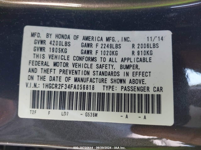 Honda ACCORD LX 2015 1HGCR2F34FA056818 Image 9