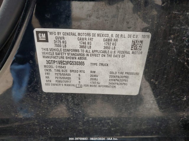 3GTP1VEC3FG530365 GMC l83 - vvt, active fuel management, aluminum