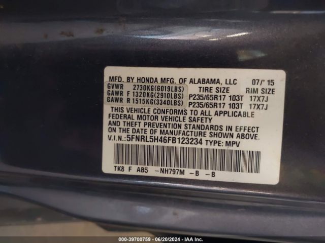 5FNRL5H46FB123234 Honda ODYSSEY EX