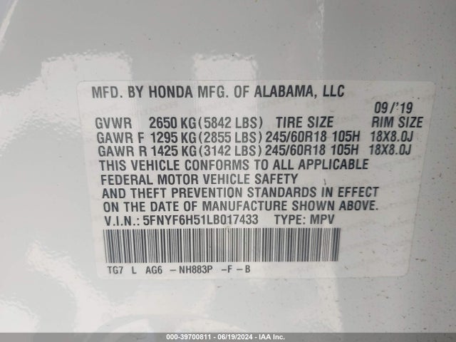 Honda Pilot Awd Ex-l 2020 5FNYF6H51LB017433 Image 9