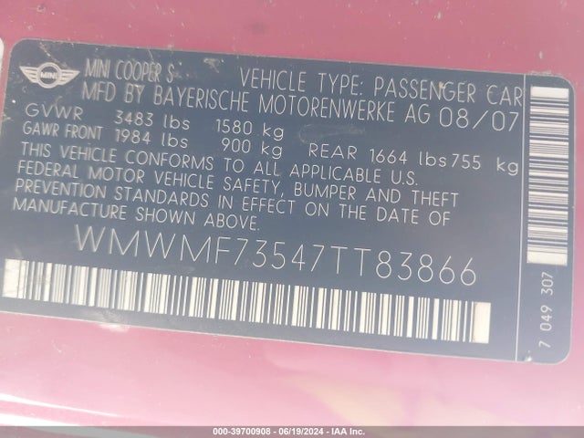 2007 MINI COOPER S WMWMF73547TT83866 Photo 8