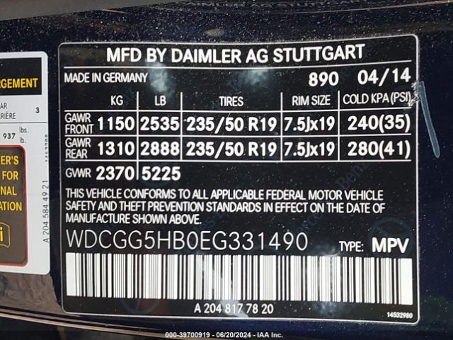 WDCGG5HB0EG331490 Mercedes-Benz GLK 350