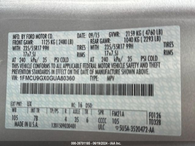 1FMCU9GX0GUA80360 Ford Escape