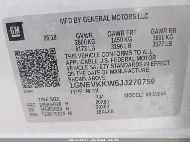 1GNEVKKW6JJ270759 Chevrolet Traverse High Country