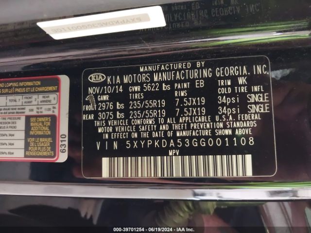 5XYPKDA53GG001108 KIA Sorento 3.3l Sxl