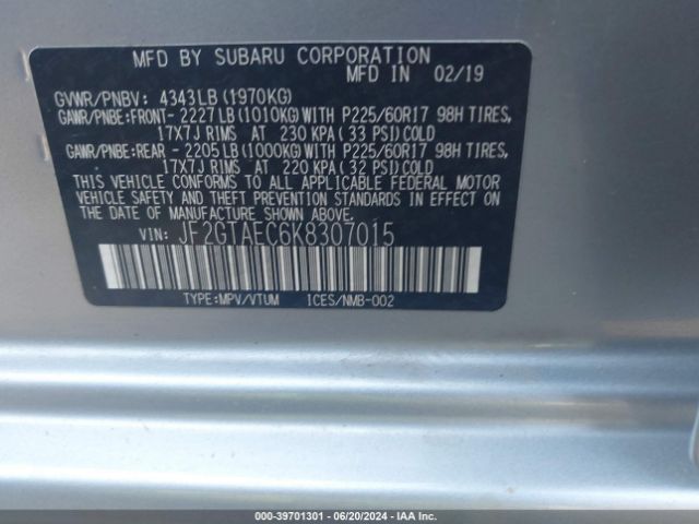 JF2GTAEC6K8307015 Subaru Crosstrek 2.0i Premium