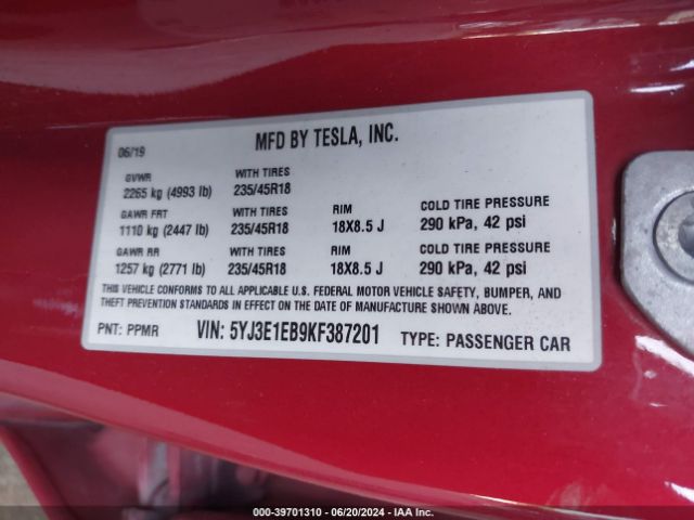 5YJ3E1EB9KF387201 Tesla Model 3 Long Range/performance