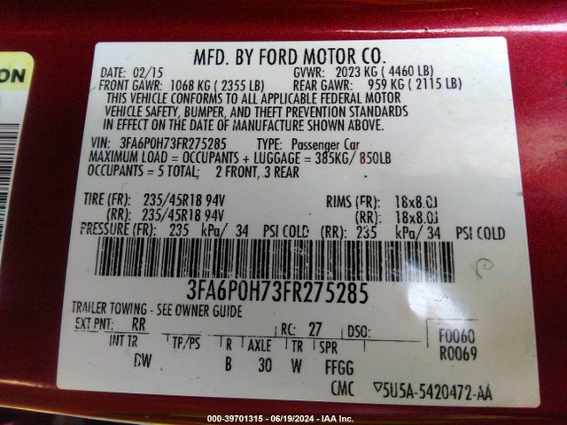 Ford FUSION SE 2015 3FA6P0H73FR275285 Image 9