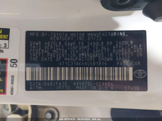 4T1C31AK4NU581914 Toyota Camry Le Hybrid