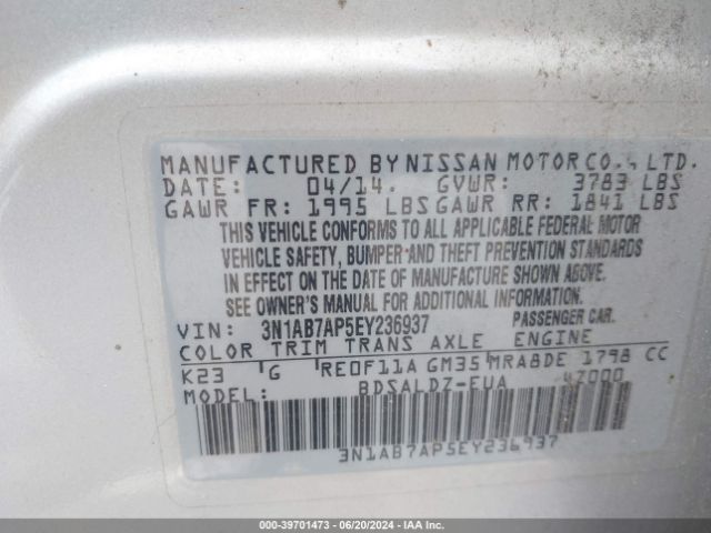 3N1AB7AP5EY236937 Nissan Sentra Fe+ S/fe+ Sv/s/sl/sr/sv