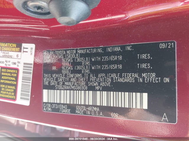 Toyota Highlander Xle 2021 5TDGZRAH7MS086908 Image 9
