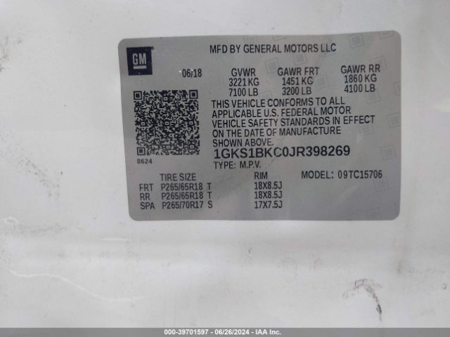 1GKS1BKC0JR398269 GMC YUKON SLT