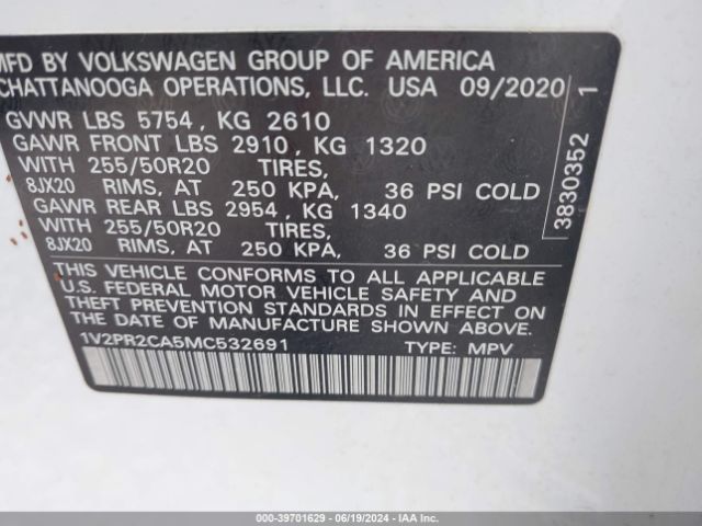 1V2PR2CA5MC532691 Volkswagen Atlas 3.6l V6 Se W/technology R-line