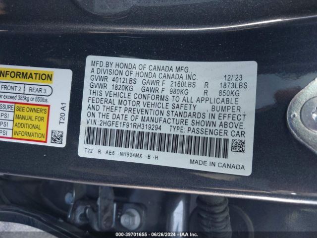 2HGFE1F91RH319294 Honda Civic Touring