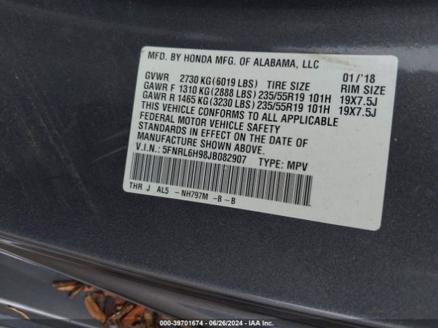 5FNRL6H98JB082907 Honda Odyssey Elite