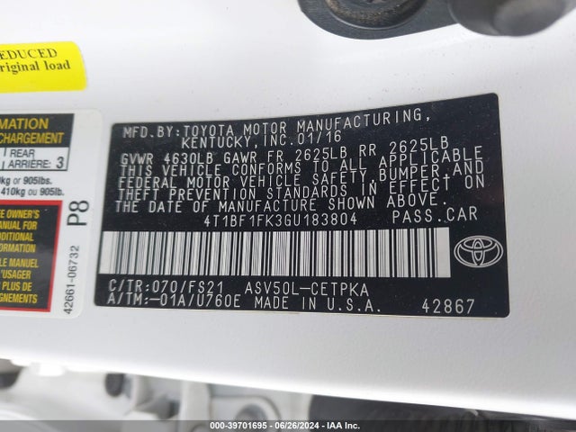 Toyota CAMRY SE 2016 4T1BF1FK3GU183804 Image 9