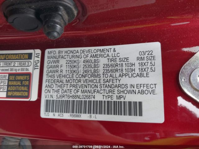 5J6RT6H88NL026874 Honda Cr-v Hybrid Ex-l