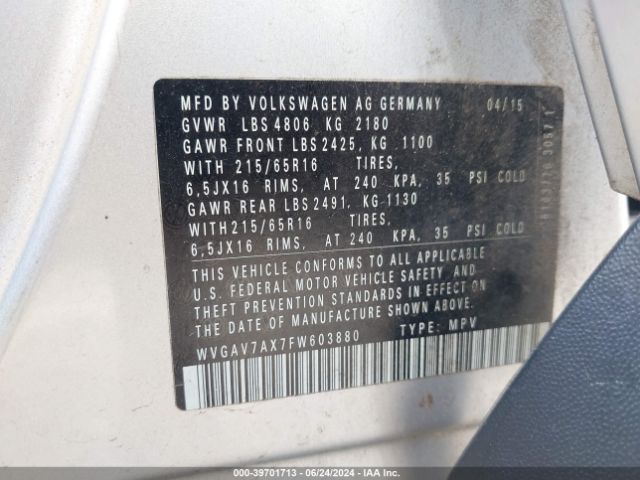 WVGAV7AX7FW603880 Volkswagen TIGUAN S