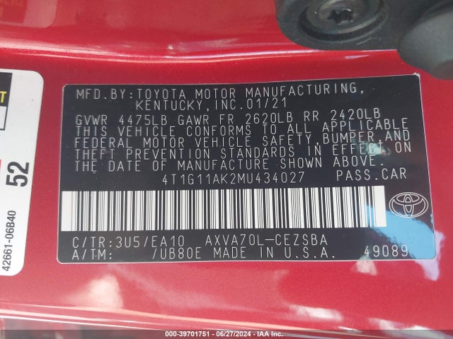 Toyota CAMRY SE 2021 4T1G11AK2MU434027 Image 9