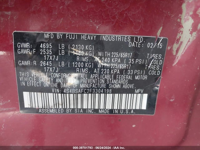 Subaru Outback 2.5i Premium 2015 4S4BSAFC2F3304198 Image 9