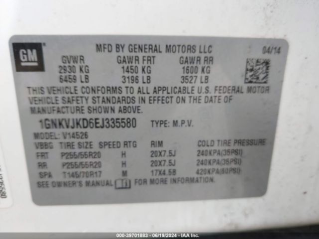 1GNKVJKD6EJ335580 Chevrolet Traverse Ltz